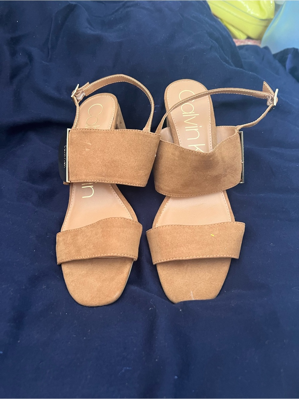 Calvin Klein Tan Suede Block Heel Sandals with Metallic Accent
